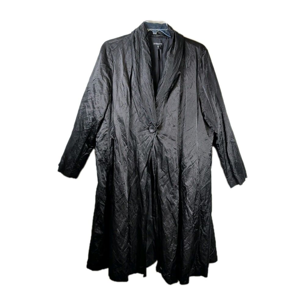 Eileen Fisher Black Steel Satin Shawl Collar Duster Coat - Sz 2X - Tulle Detail